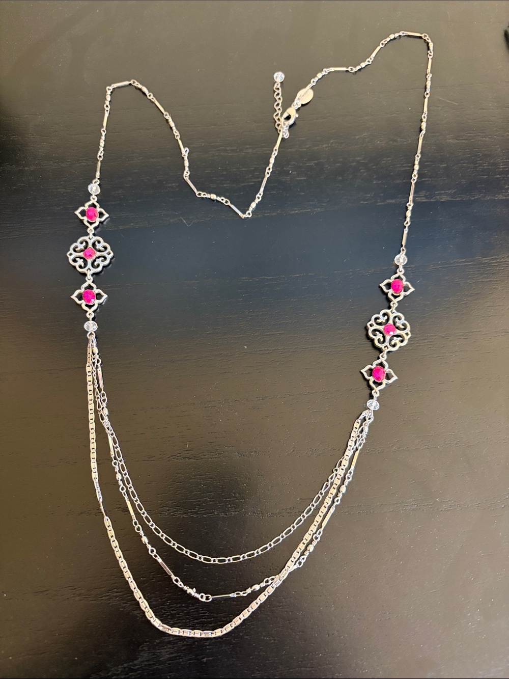 White House Black Market Silver Multi-Chain Necklace with Pink Gem Accents